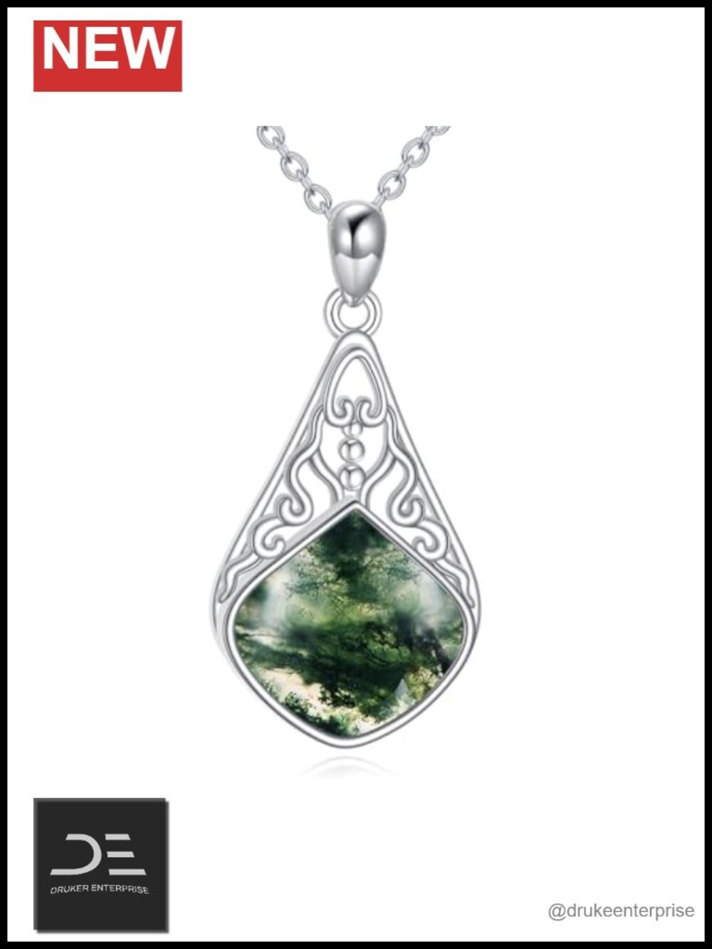 925 Sterling Silver Moss Agate Teardrop Pendant Necklace Filigree